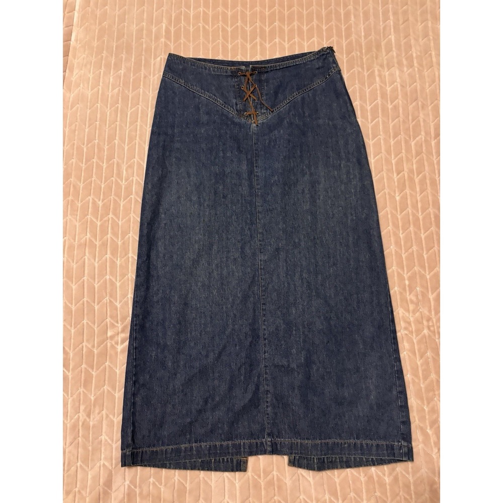 Vintage Bill Blass Denim Midi Skirt Sz 10 Lace Up Corset Front Y2K Western Boho - Picture 2 of 14